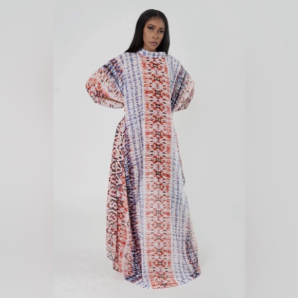 Multicolor Sheer Chiffon Handmade Kaftan Maxi Dress - Picture 1 of 4